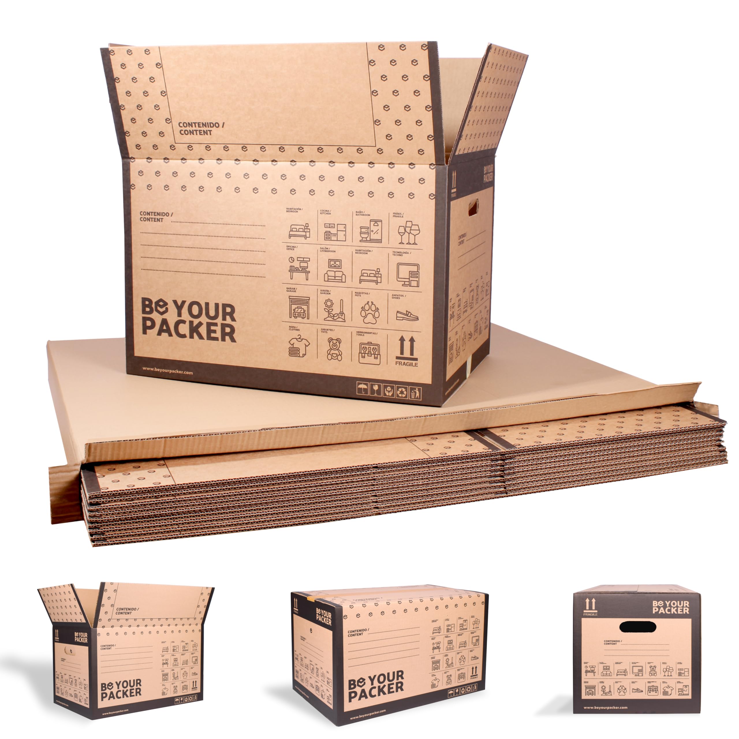 Cajas de Mudanza 10 grandes 60x40x40 y 20 pequeñas 43x30x25, Be Your Packer | Kit mixto de cajas con asas para mudanza. Cartón resistente hecho en España. Ideal para libros, ropa y vajilla.