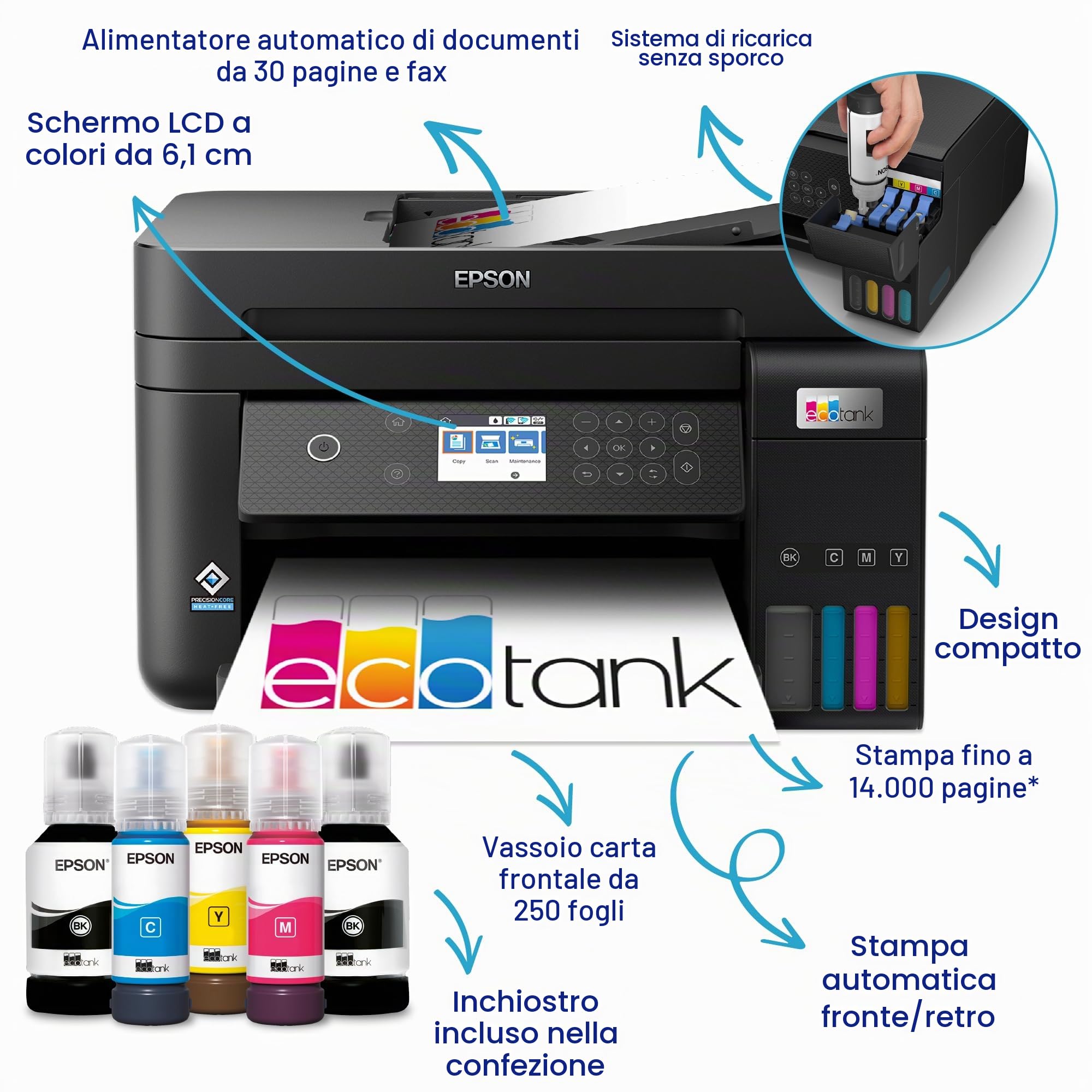 Epson EcoTank ET-3850 - Stampante multifunzione per serbatoi di inchiostro, Wi-Fi A4, con fino a 3 anni di inchiostro incluso