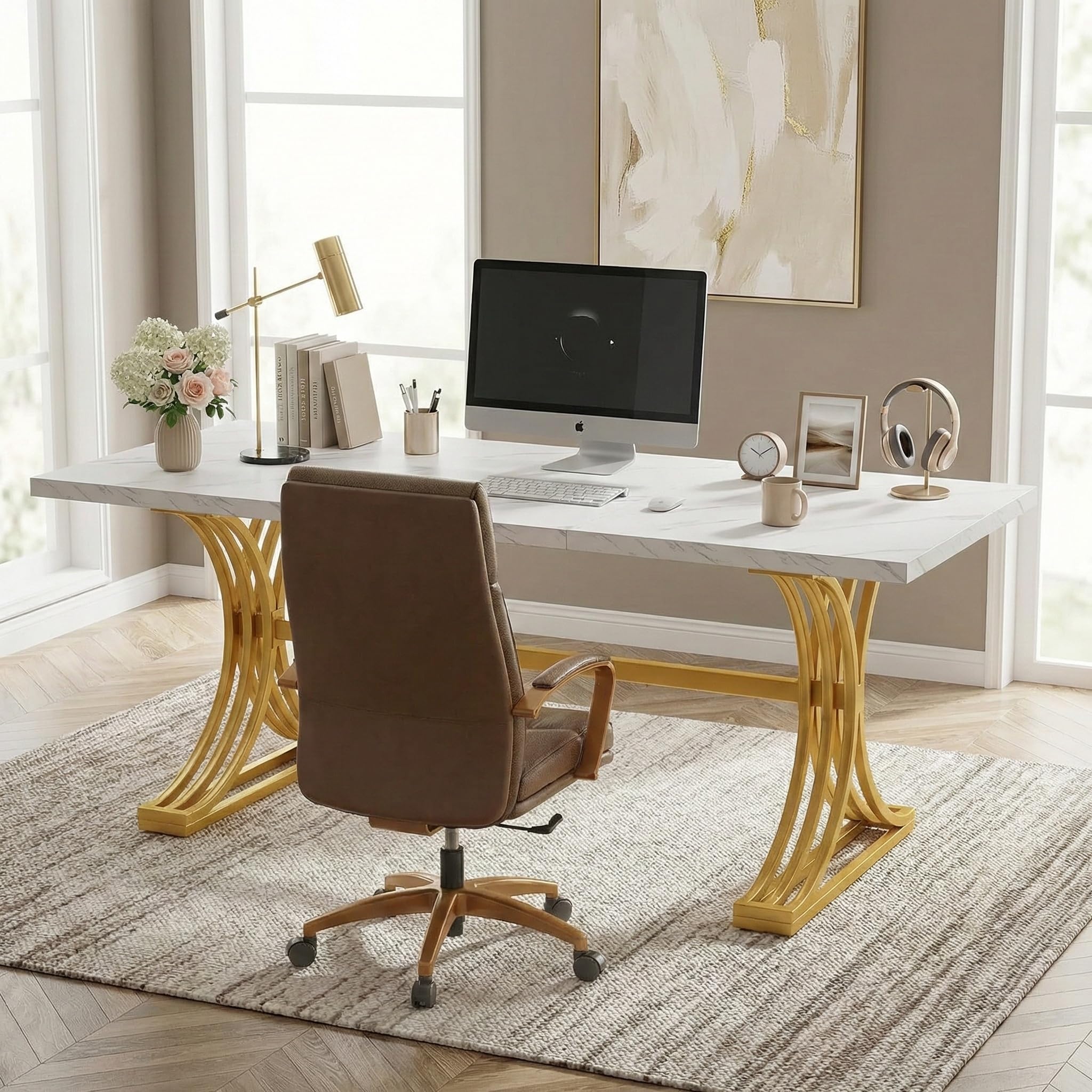Lailang 160cm Escritorio, Mesa Escritorio Industrial, Mesa Ordenador E Impresora, Escritorio Roble, Mesa Comedor de 160 x 80 x 80 Cm, Mesa Oficina Grande, 160 x 80 x 75 cm, Blanco Y Oro