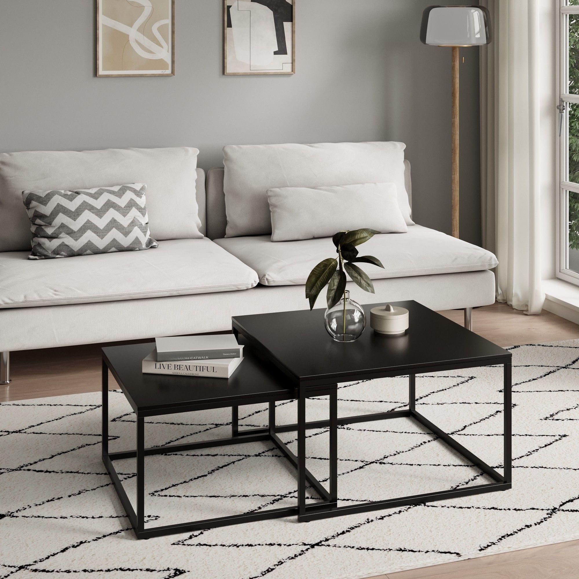 Home Collective Couchtisch 2er Set quadratisch schwarz aus Holz Wohnzimmertisch Modern Beistelltisch Set 2 in 1 mit Metallgestell für Wohnzimmer Beistelltisch Loft Design Twin Kratzfeste Oberfläche Küche, Haushalt & Wohnen
