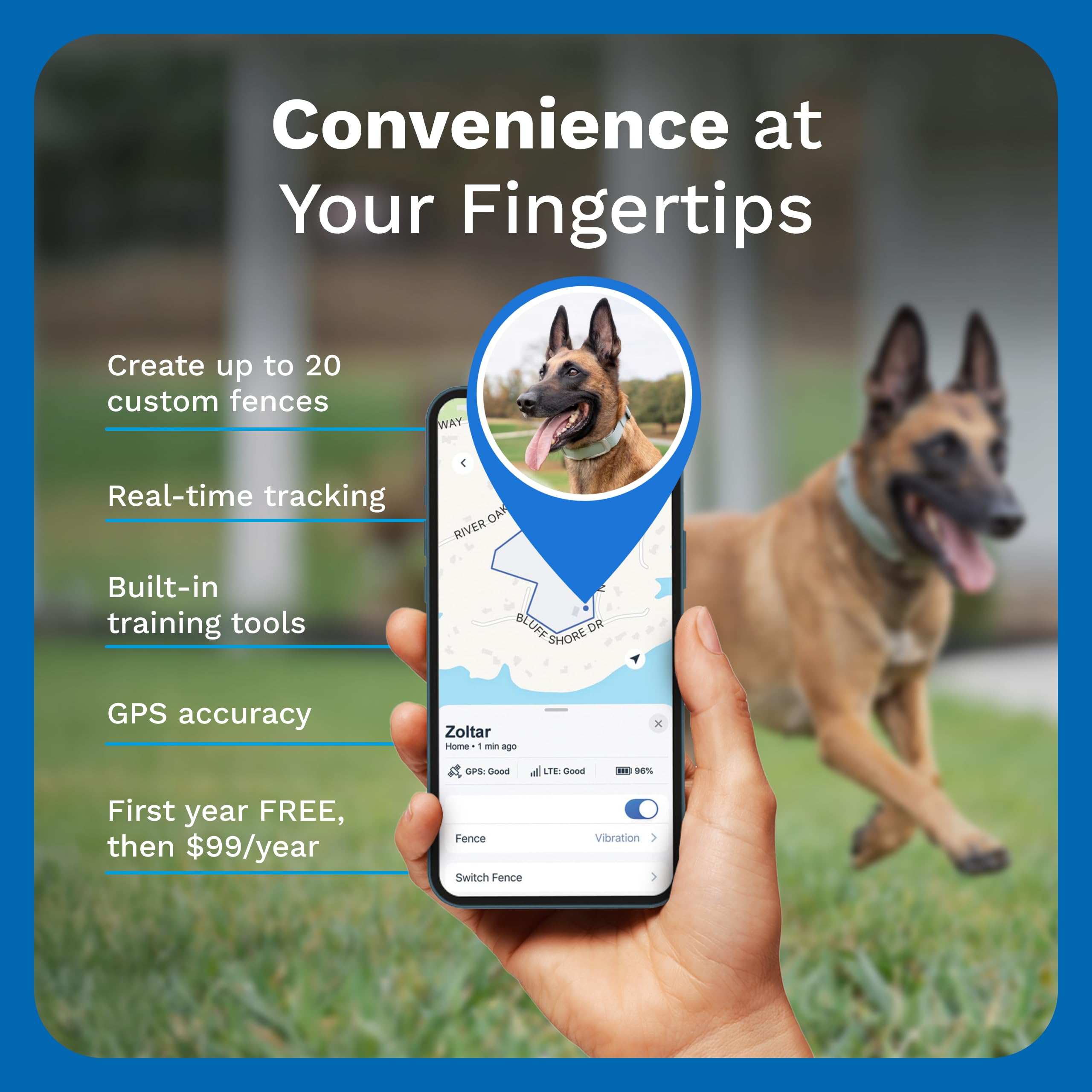 Invisible Fence Cerca y collar de seguimiento GPS para perros, inalámbrico, collar inteligente para perro con seguimiento controlado por aplicación, se adapta a perros medianos y grandes, cuello de 15