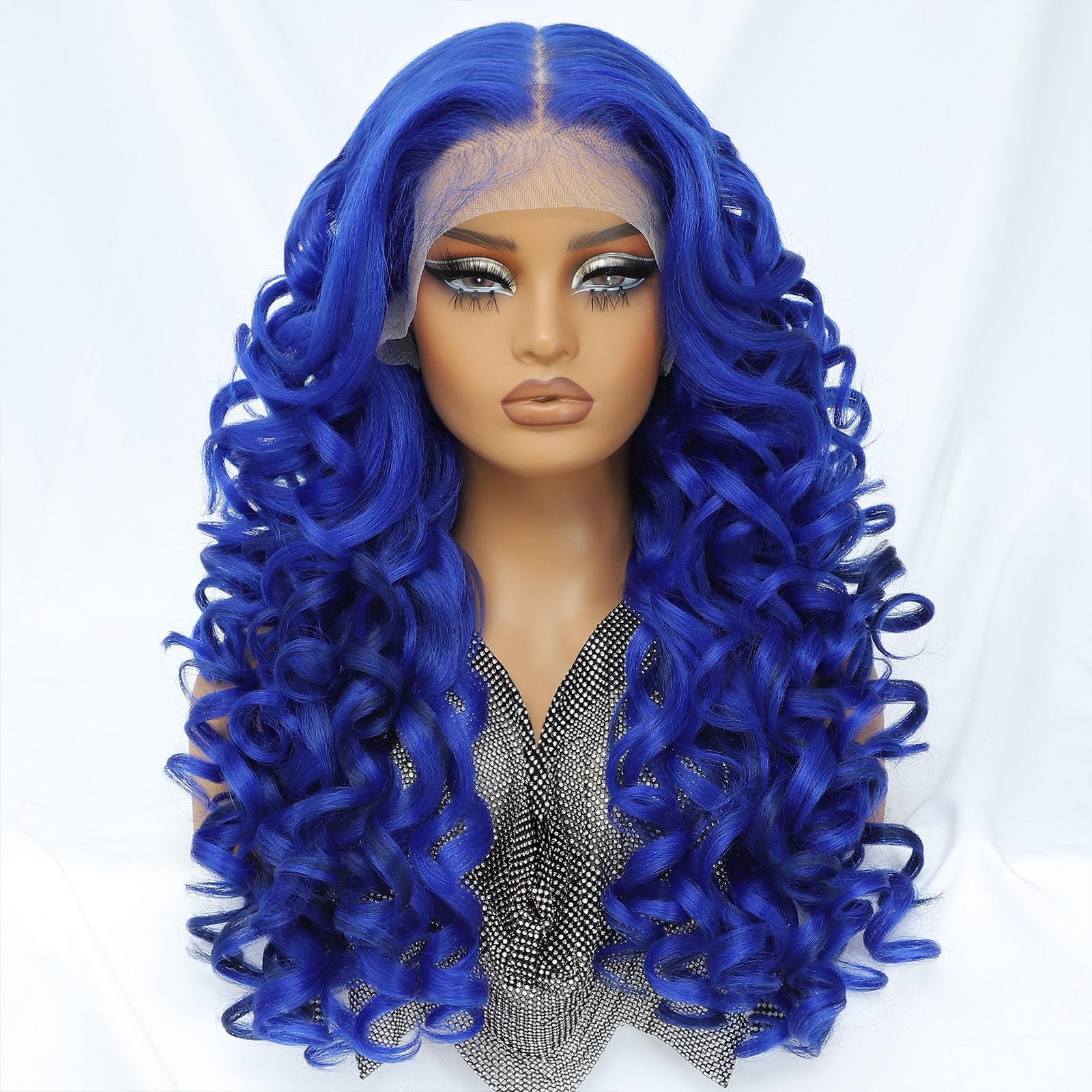 Felek Blue Synthetic Wig 13x6 Lace Front Wigs for Black and White Women Loose Wave HD Transparent Lace Frontal Wigs Pre Plucked Wear and Go Glueless Long Curly Wig 24 inch