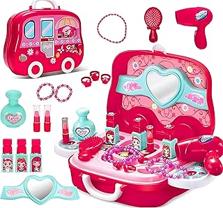 Disne Frozen Girls Makeup Role-Playing Set: 3-in-1 Beauty Luggage with Fashion Accessories, Made of Safe ABS Material, Princess Role-Playing Toy for Girls, Birthday Gifts (Red)