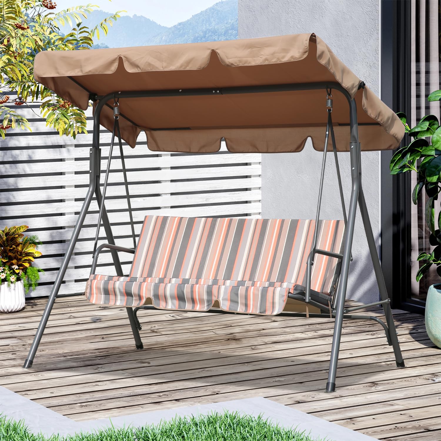Angel Living Columpio de Jardín de Metal con Parasol Balancín de 3 Asientos con Cojín y Techo Ajustable para Terrza Balcón Exterior Acero Máx. 240kg - 169x110x151cm (Caqui)