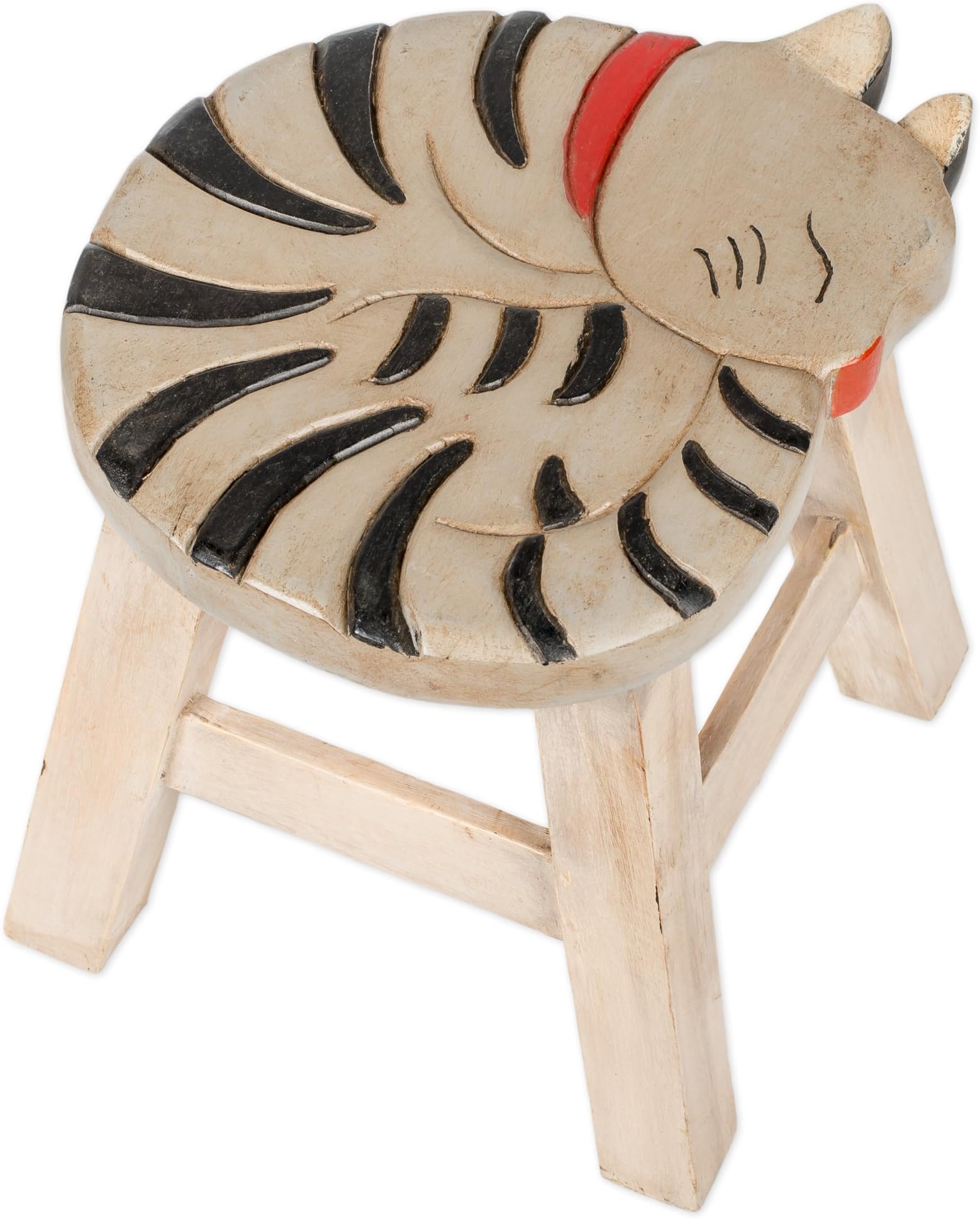 Sea Island Imports Gray Tabby Cat Design Hand Carved Acacia Hardwood Decorative Short Stool