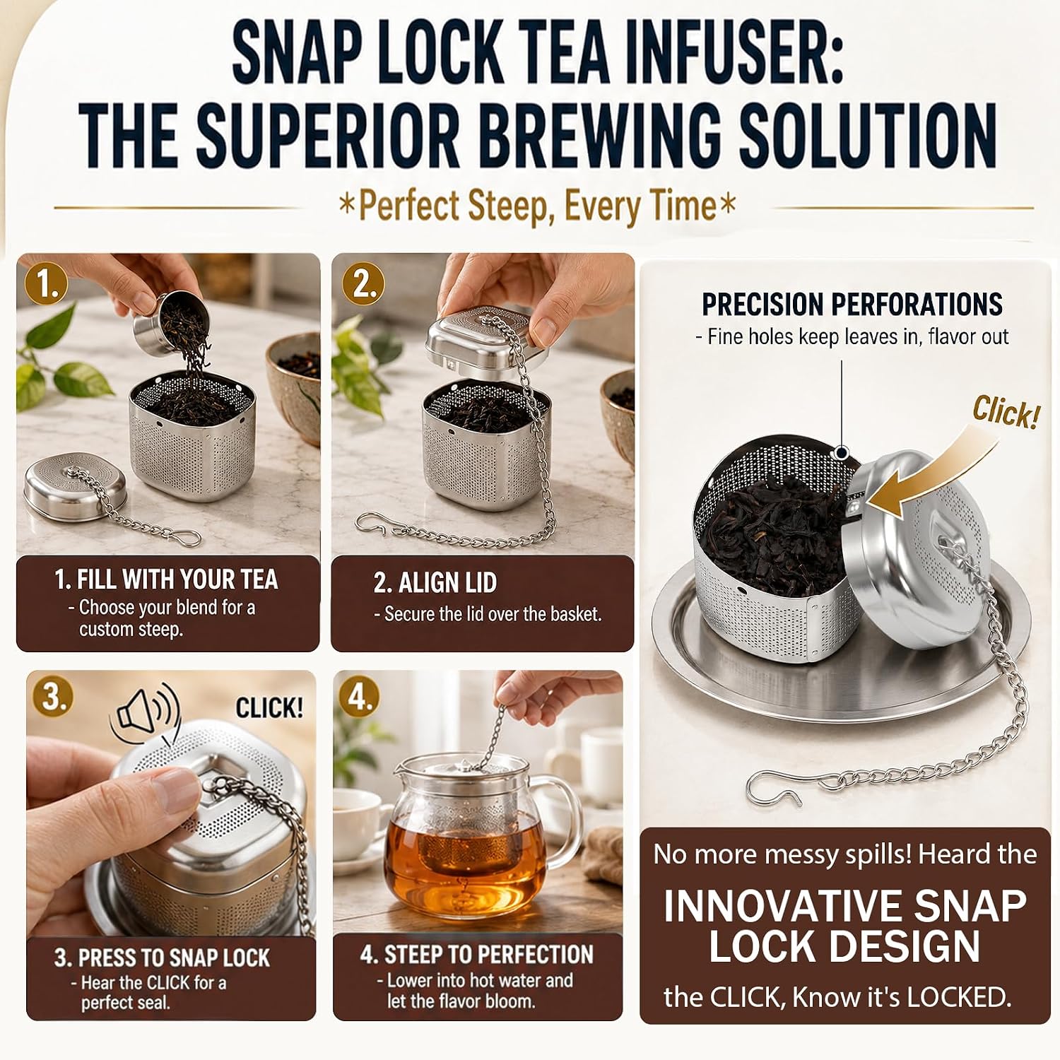 Metal Tea Infuser with Drip Tray, Stainless Steel Loose Leaf Tea Strainer Ball