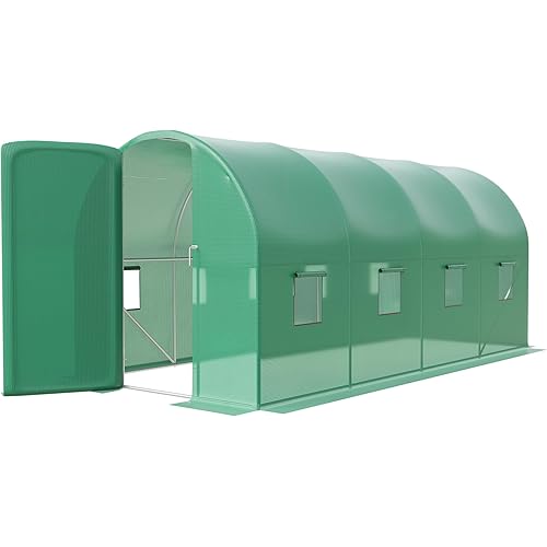 15x7x7 Ft Walk-in Tunnel Greenhouse for Outdoor Gardening - Heavy Duty Galvanized Steel Hoop House with Green PE Cover, A Swing Door & 8 Vent Windows, Plant Protection & Year-Round Growing