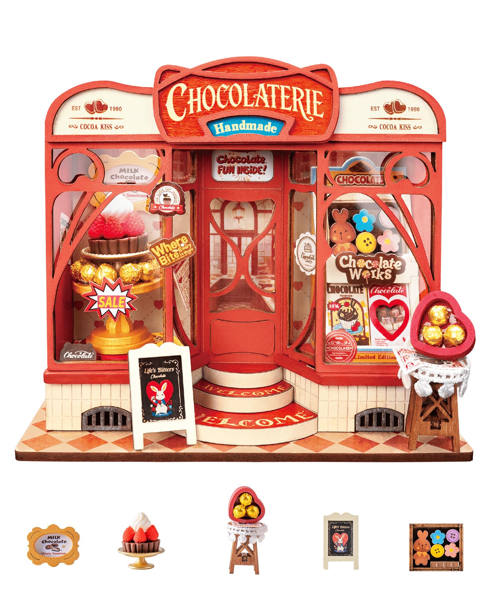 Rolife Miniature Casa Sweet Chocolate Shop, 98 pezzi Kit Casa in Miniatura DIY, Modellismo da Costruire Adulti Casa delle Bambole in Legno Puzzle 3D Nessun collante necessario