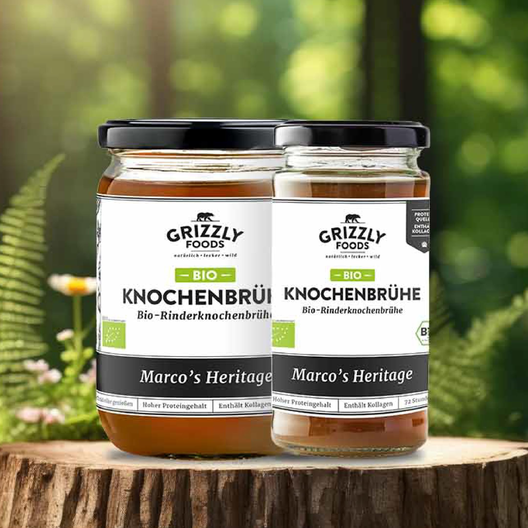 Grizzly Foods Brodo di ossa di manzo biologico (6 x 500 ml) - 25 g di collagene per bicchiere - Cotto per 72 ore - 100% naturale - Senza zucchero, senza additivi - Nutrienti preziosi - Bone Broth