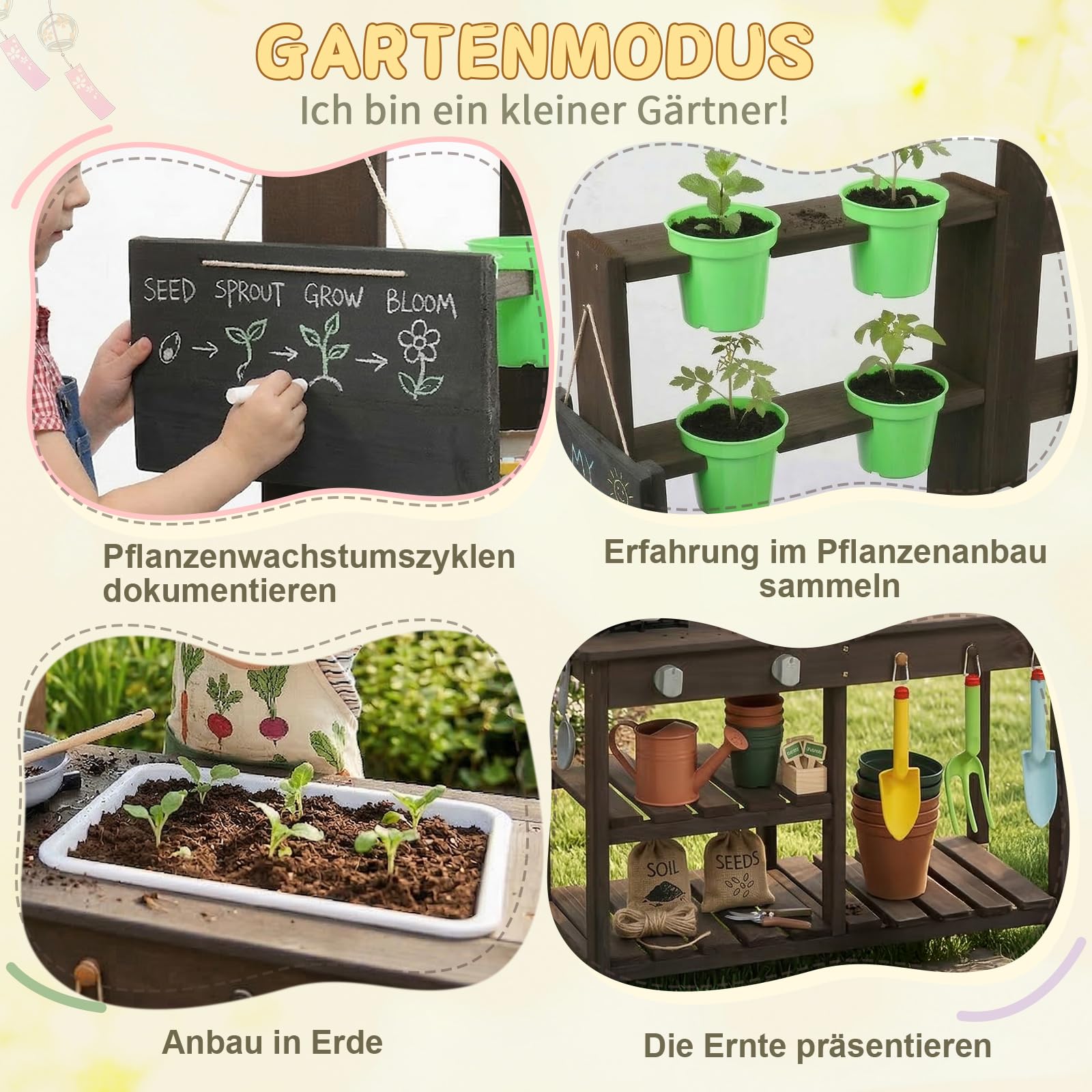 LEADZM Spielküche Gartenspielküche Matschküche Kinder Outdoor mit Spüle, Blumentopf, Wasserhahn, Kinderküche mit Herd, geeignet für Kinder ab 6 Jahren, Dunkelbraun