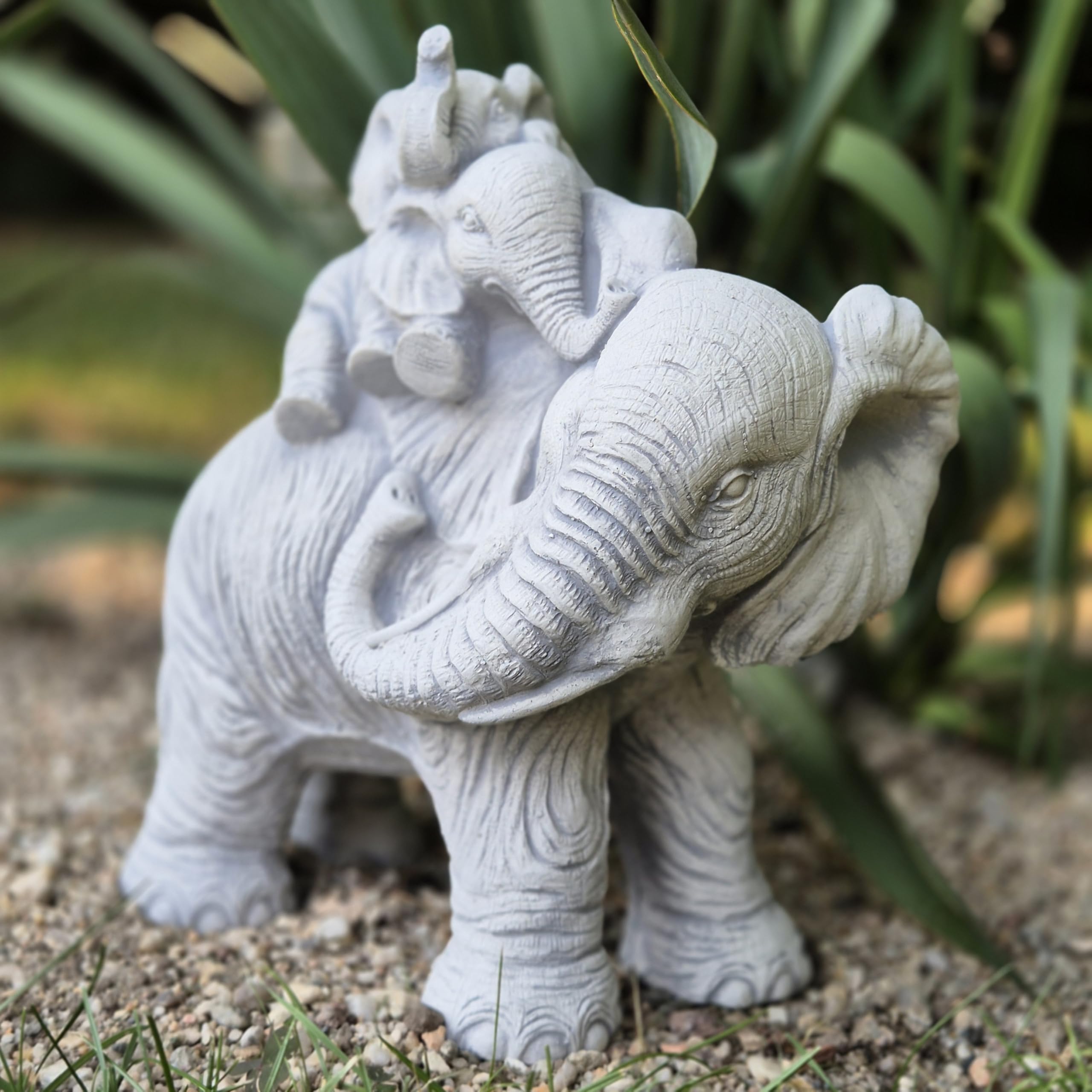FABRIQ Słoń matki z dwoma słoniami dla niemowląt – realistyczna figurka ogrodowa z odpornego na warunki atmosferyczne odlewu kamiennego, waga 5,6 kg, wysokość 26 cm