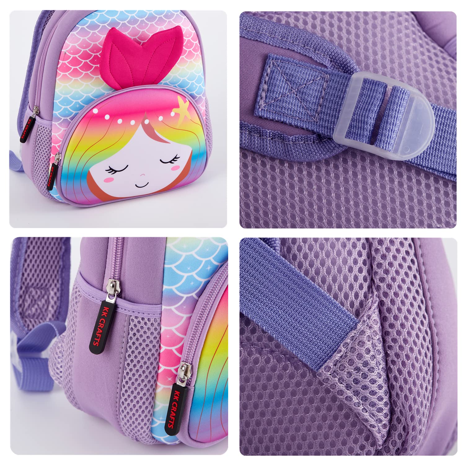 KK CRAFTS Mochila preescolar de neopreno para niños y niñas, Sirena colorida., Pre-k-10.2"H (Can't Fit Folder), Mochilas Daypack