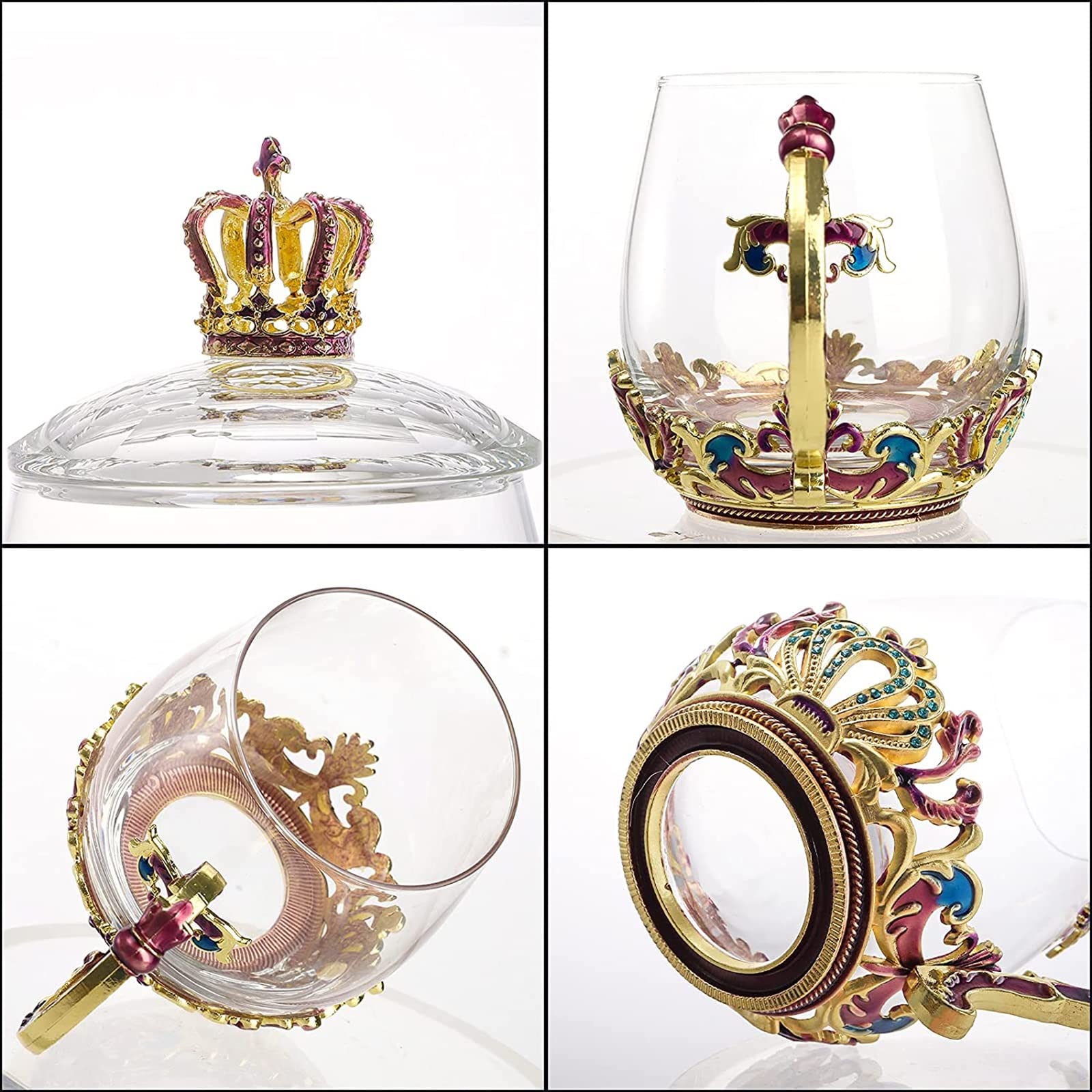 Handgefertigte Emaille-Kaffeebecher mit Deckel, Handarbeit Vintage Fancy Teetasse mit Krone kristallklar Kaffeebecher, für Geburtstag Valentinstag Weihnachten Emaille Glasbecher