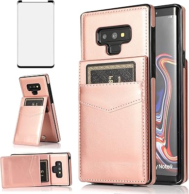 Phone Case for Samsung Galaxy Note 9 with Tempered Glass Screen Protector and Credit Card Holder Wallet Cover Stand Leather Cell Accessories Galaxies Note9 Gaxaly Glaxay Not S9 Cases Women Rose Gold