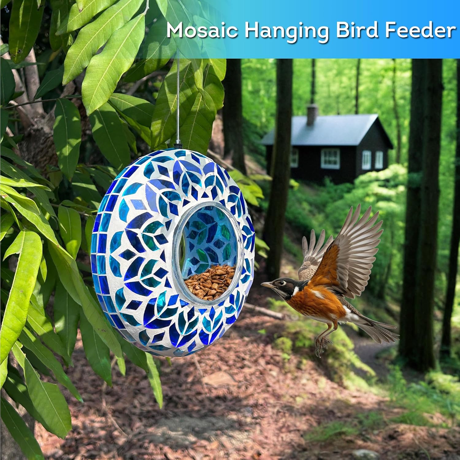 Lily's Home 8" Mosaic Hanging Bird Feeder with 10" Wire - Bird Feeders for Outdoors - Ideal Garden Decor - Easy to Fill and Hang - Perfect for Backyard Wild Birds- Fly-Through Access