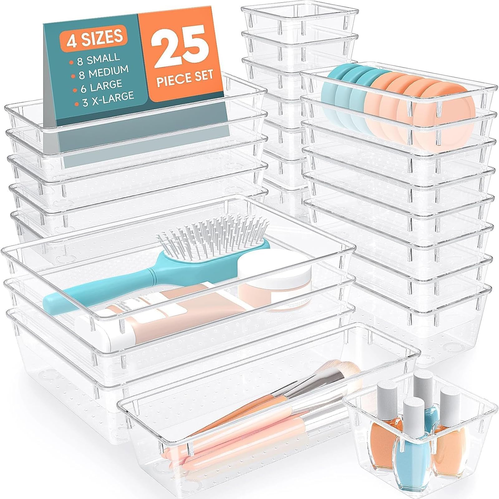 SpaceHacks 25 PCS Plastic Drawer Organizer, 4-Size Versatile Organizer Trays &amp; storage Bins