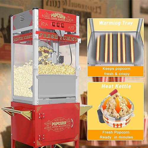 Miniatura 6 de Máquina comercial de palomitas de maíz con carrito y ruedas, máquina para hacer palomitas de maíz con hervidor de acero inoxidable de 24 onzas,