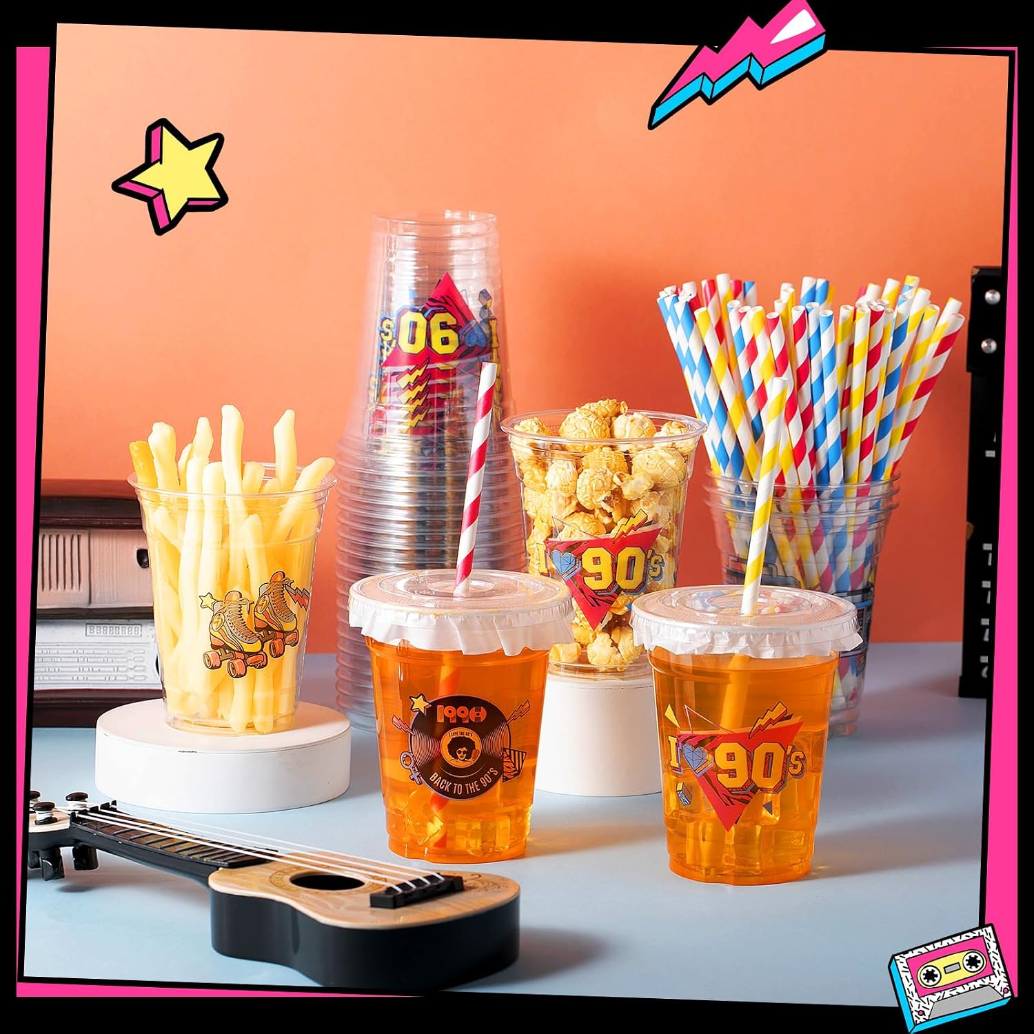 FoldTier 50 Pcs 90s Cups with Lids Straws, 12 oz Gender Reveal Plastic image 4