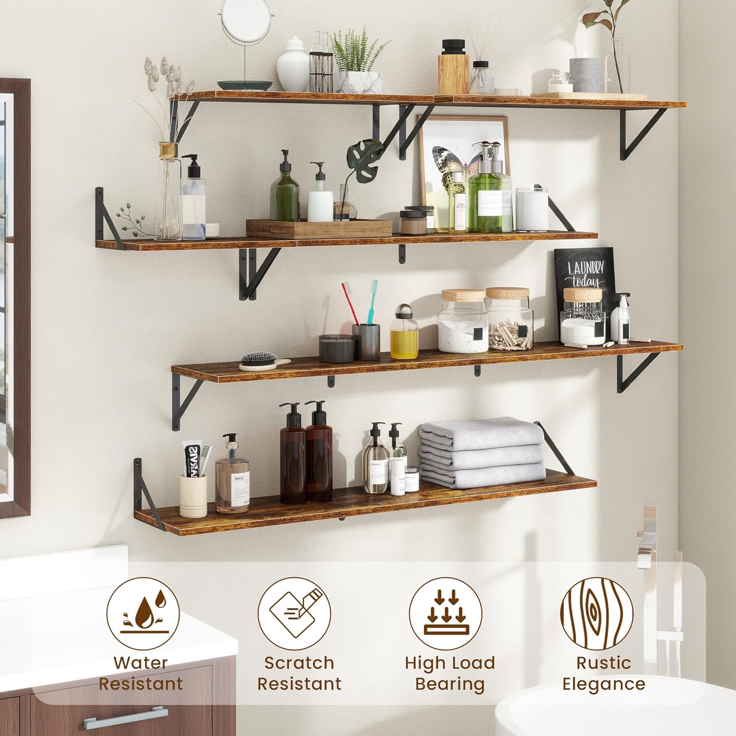 8" Deep Floating Shelves for Wall,16 inch Wood Wall Shelves Set of 2,Wide Floating Bookshelf with Sturdy Metal Brackets,Hanging Storage Floating Shelf for Living Room,Bedroom,Bathroom,Rustic Brown