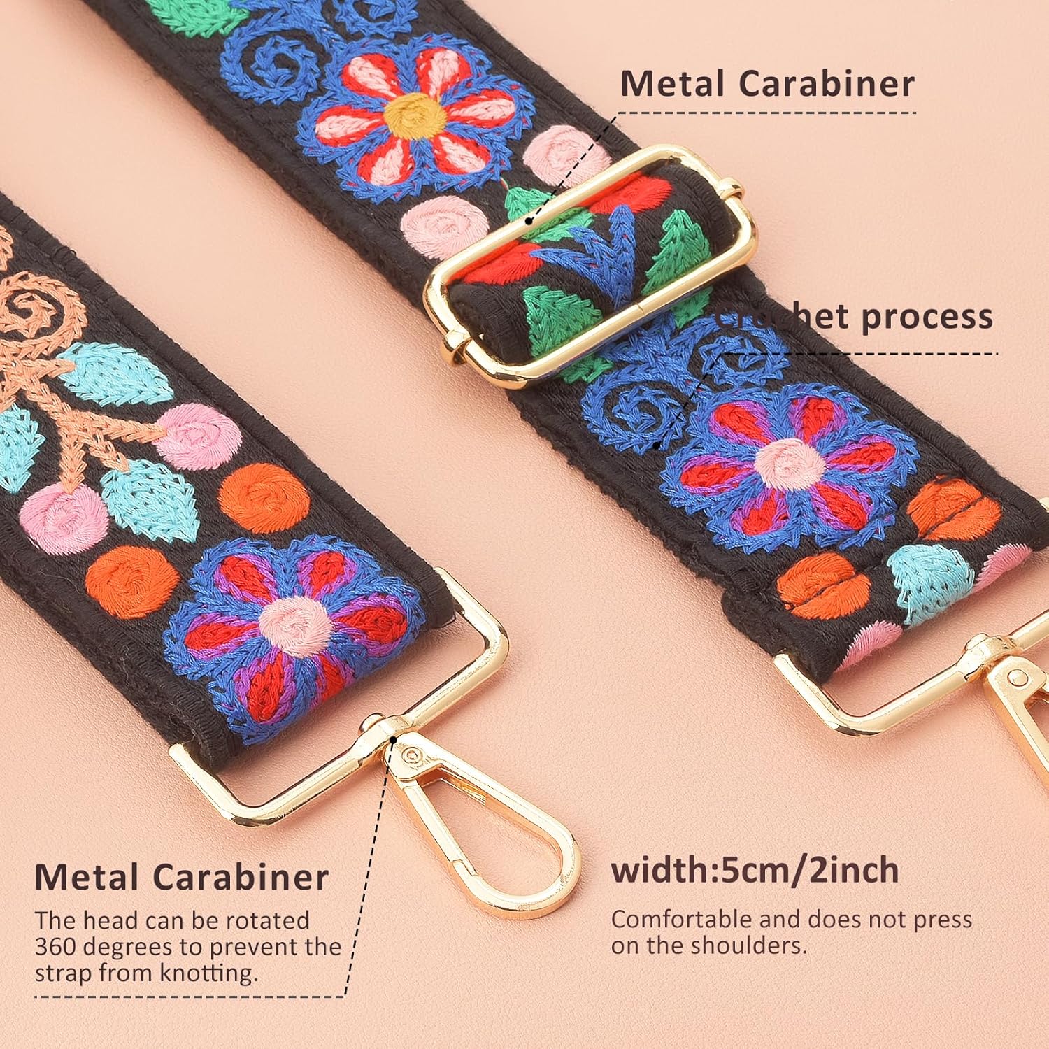 Snycler Wide Purse Straps Crochet Flower Replacement Crossbody for Handbag Adjustable 33-53inch Embroidery Knit Guitar Shoulder Strap (boho10-black) - Image 4