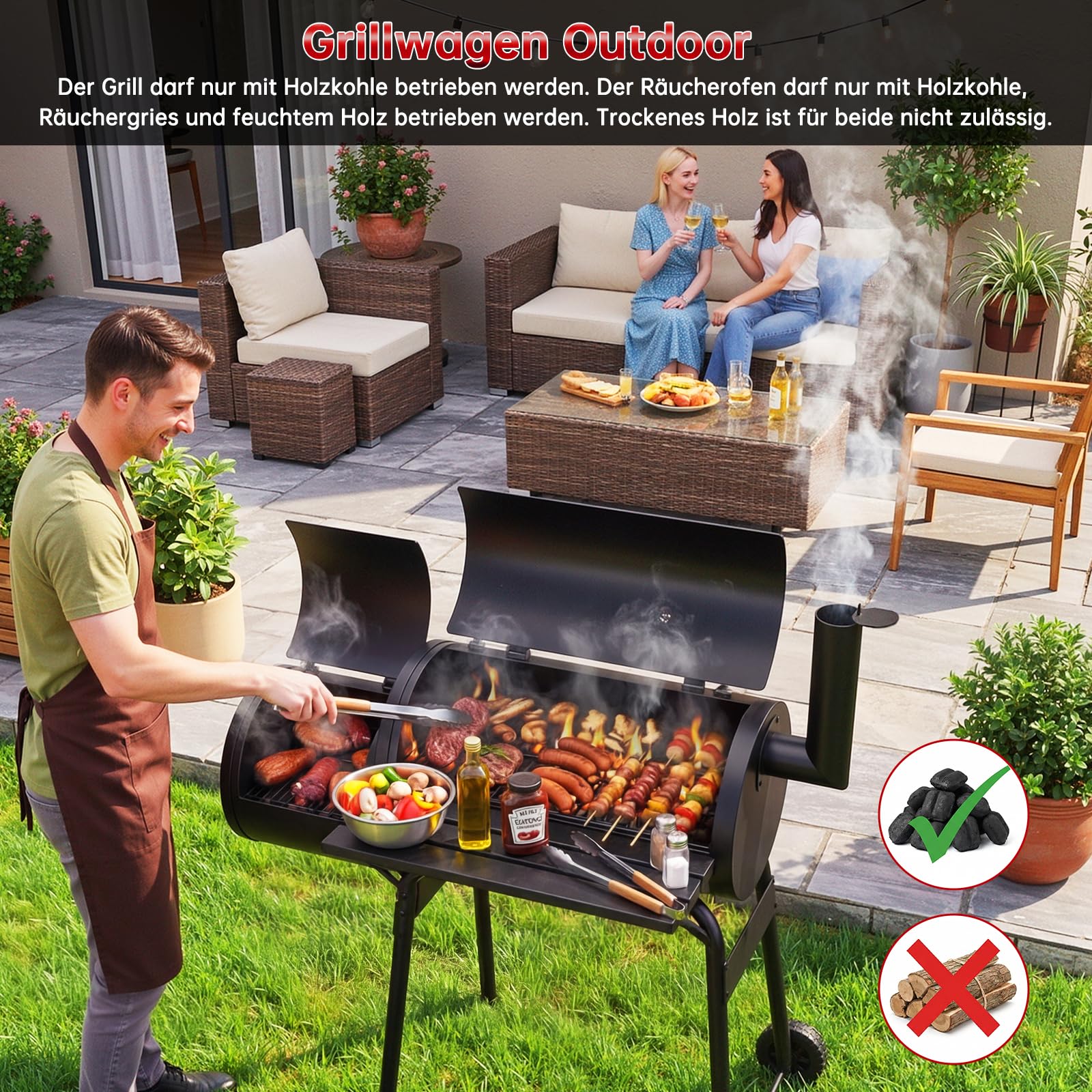 TLSUNNY Holzkohle Smoker Grill mit Schornstein, Holzkohlegrill Grillwagen mit 2 Kammern, Thermometer, Grillablage, 2 Rädern, Räucherofen und Grillfunktion, Smoker Räucherofen für Grillpartys