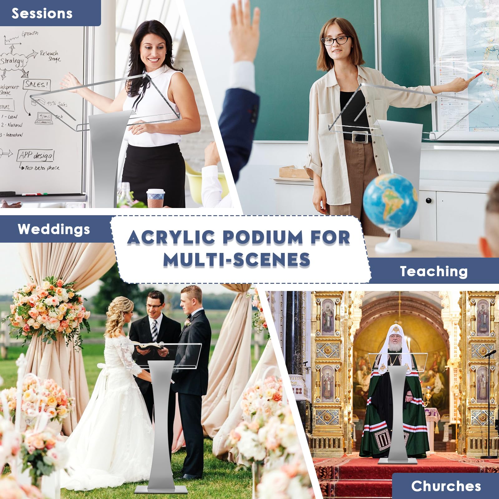 Afitdon Podium en acrylique avec fond stable et fente pour stylo, chaire d'église avec plateforme de lecture en acrylique de 10 mm d'épaisseur, support de podium pour église, conférence, mariage,