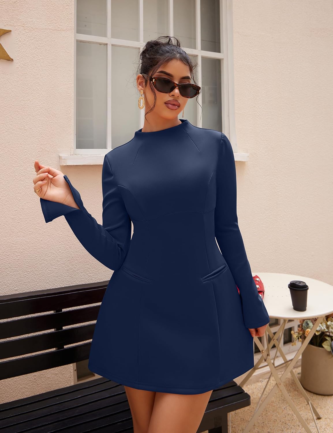 YMDUCH Women's Elegant Long Sleeve Mock Neck Backless A-line Party Mini Dress - Image 3