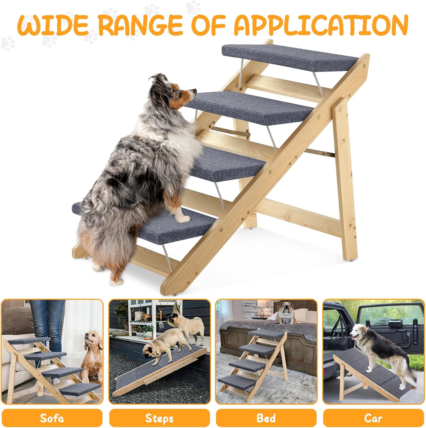 Upgraded 2-in-1 Dog Pet Stairs, Foldable Pet Ramp with 4 Levels, Extra Fixed Design, Wooden Pet Steps/Pet Stairs for Small to Large Dogs, Pet Ladder for Beds and Cars, Easy Storage