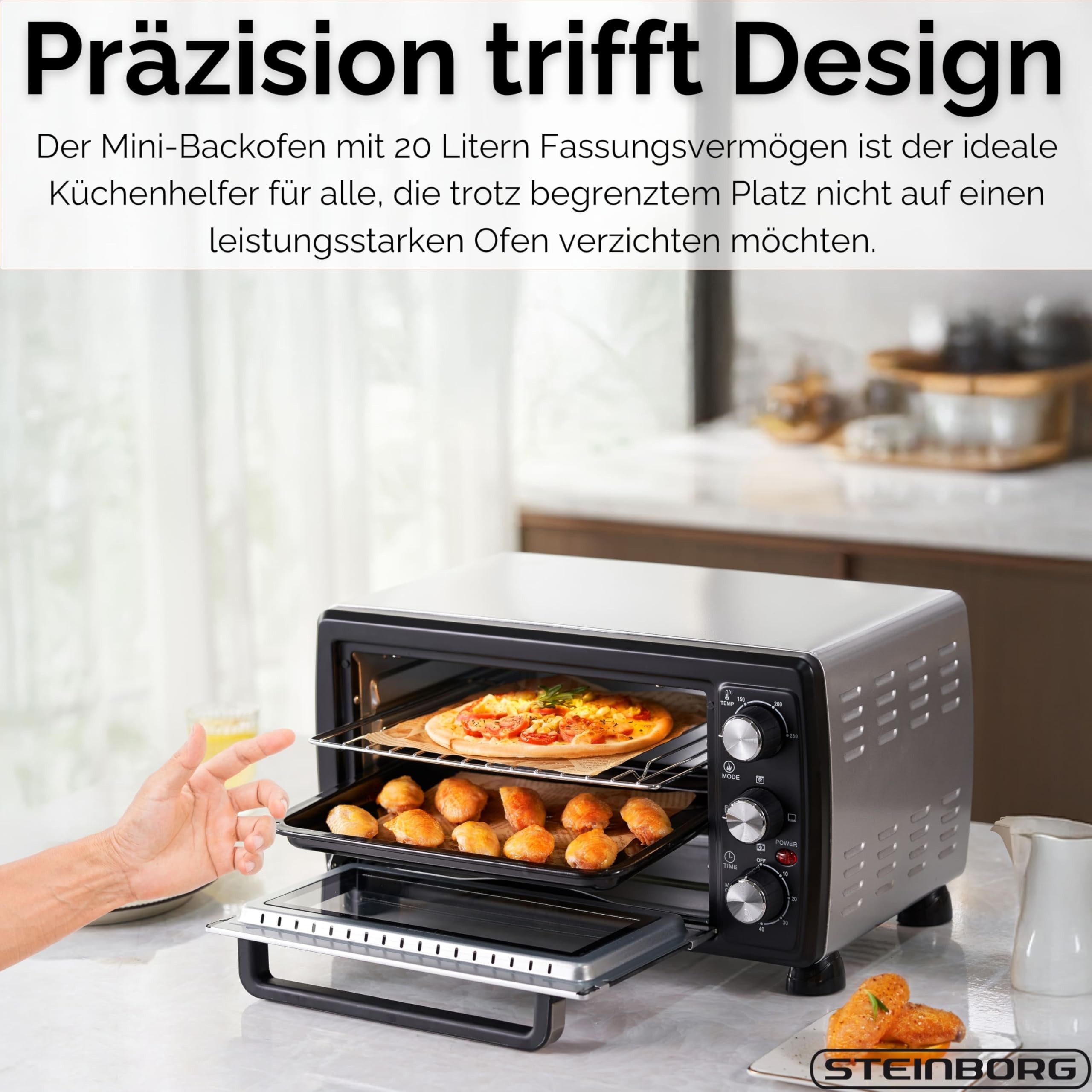 Steinborg Mini piekarnik konwekcyjny, 20 l, piec do pizzy, konwekcja, grzanie górne i dolne, 1400 W, mini piekarnik z timerem, mały piec kempingowy lub