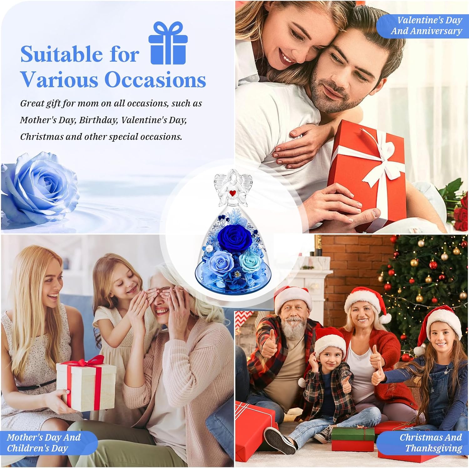 Preserved Flowers in Glass Angel Figurine with LED Light,Forever Real Roses Prime Eternal Flower Birthday Glitter Decorations for Her Women Mom Grandma Sister (Blue)