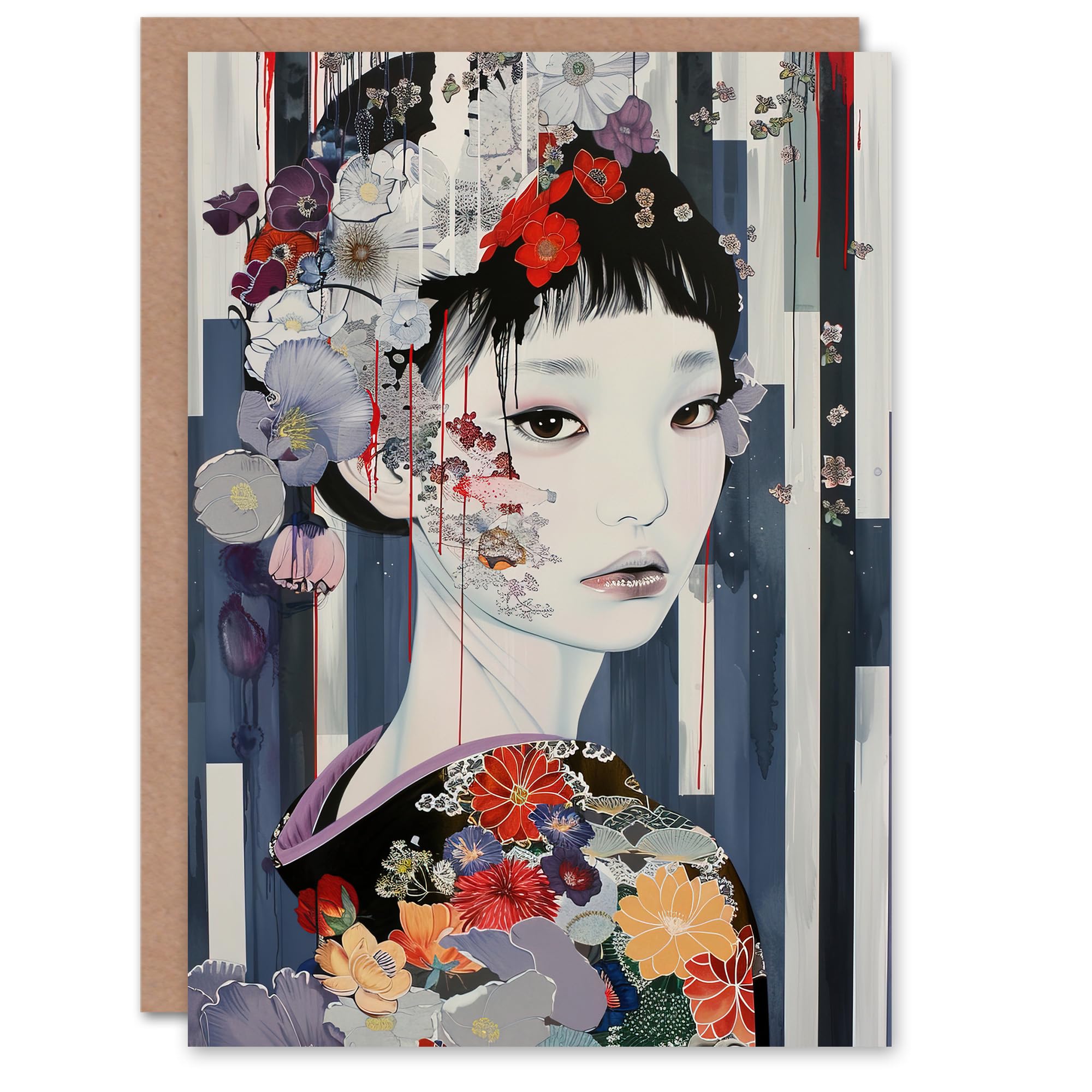 Artery8 Modern Japanese Woman Portrait in Delicate Floral Greeting Birthday Card Him Her All Blank
