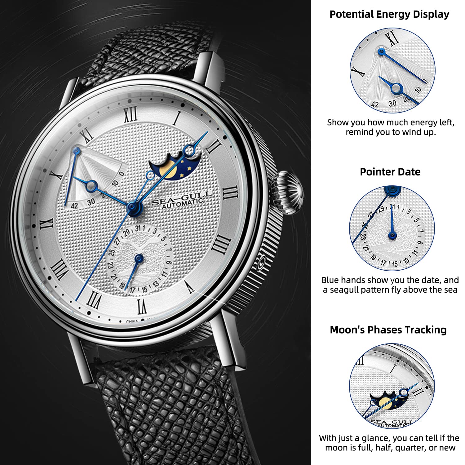 SEA-GULL 2021 New Seagull Orologio meccanico automatico da uomo Business Casual Orologio con fasi lunari Esplorazione dello spazio Confezione regalo 819.11.6092