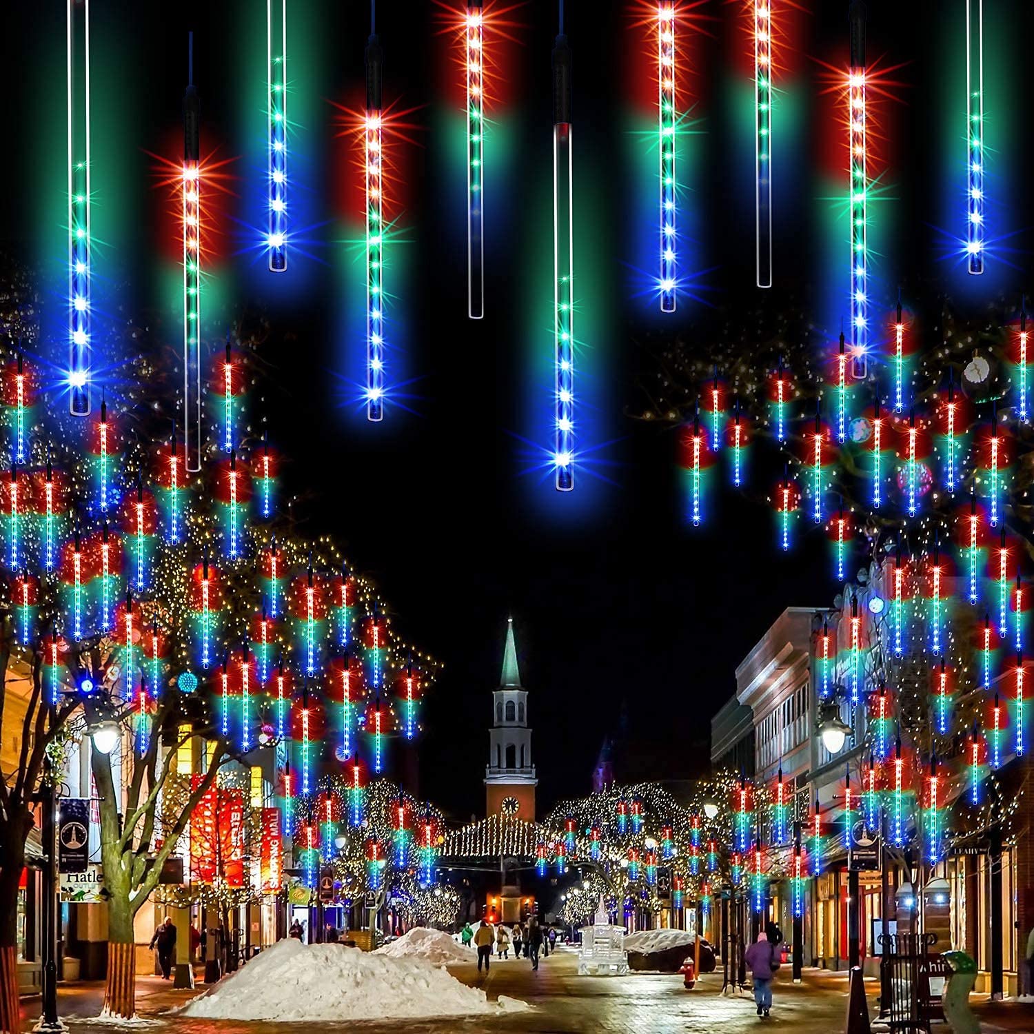 CGUOZI LED Météores Pluie Lumières,50cm 8 Tubes 384 LEDS étanche Chute Douche Stalactite Guirlandes Lumineuses Pour Sapin Noë Mariage Fête Jardin Maison Décoration Extérieure Bleu