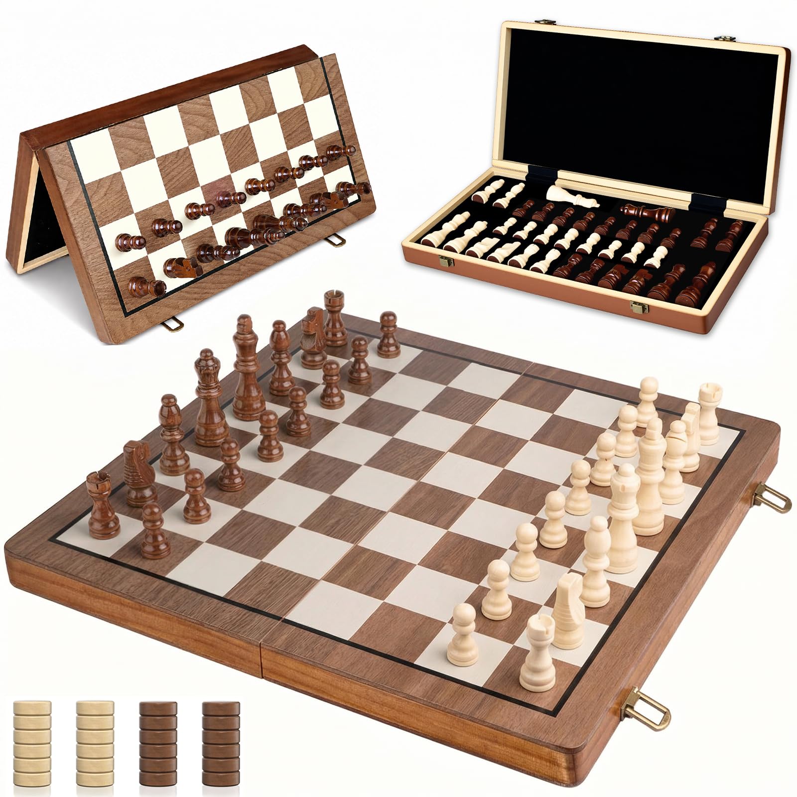 Amazing Pride® 15.5" 2 in 1 Wooden Chess Set, Magnetic Chess Board for Adults & Kids, Foldable Travel Chess Set with 2 Extra Queen Pieces & Storage Bag, Chess Sets for Adults