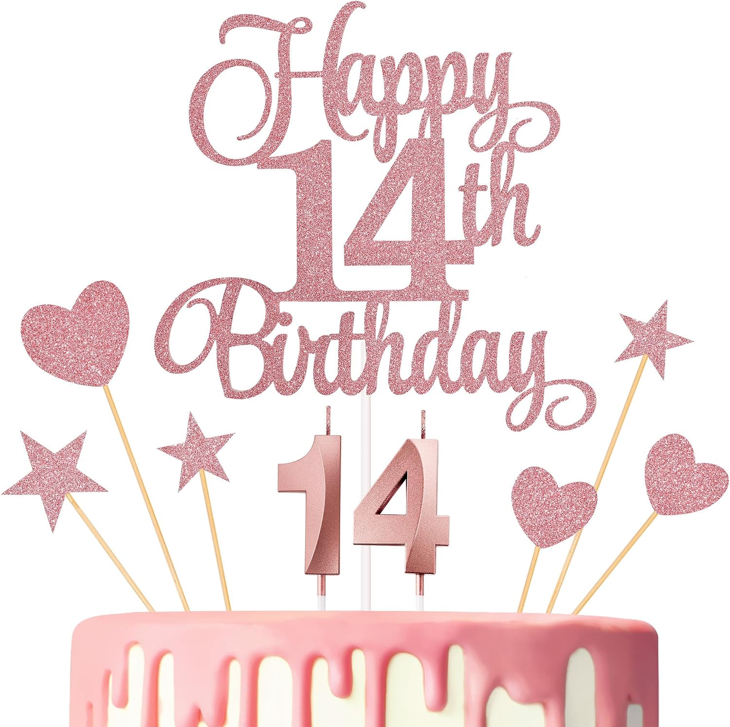 14th Birthday Cake Decorations, 14th Birthday Candles Cake Numeral Candles and Glitter Happy 14th Birthday Cake Toppers Set for Birthday Party Supplies (Rose Gold)