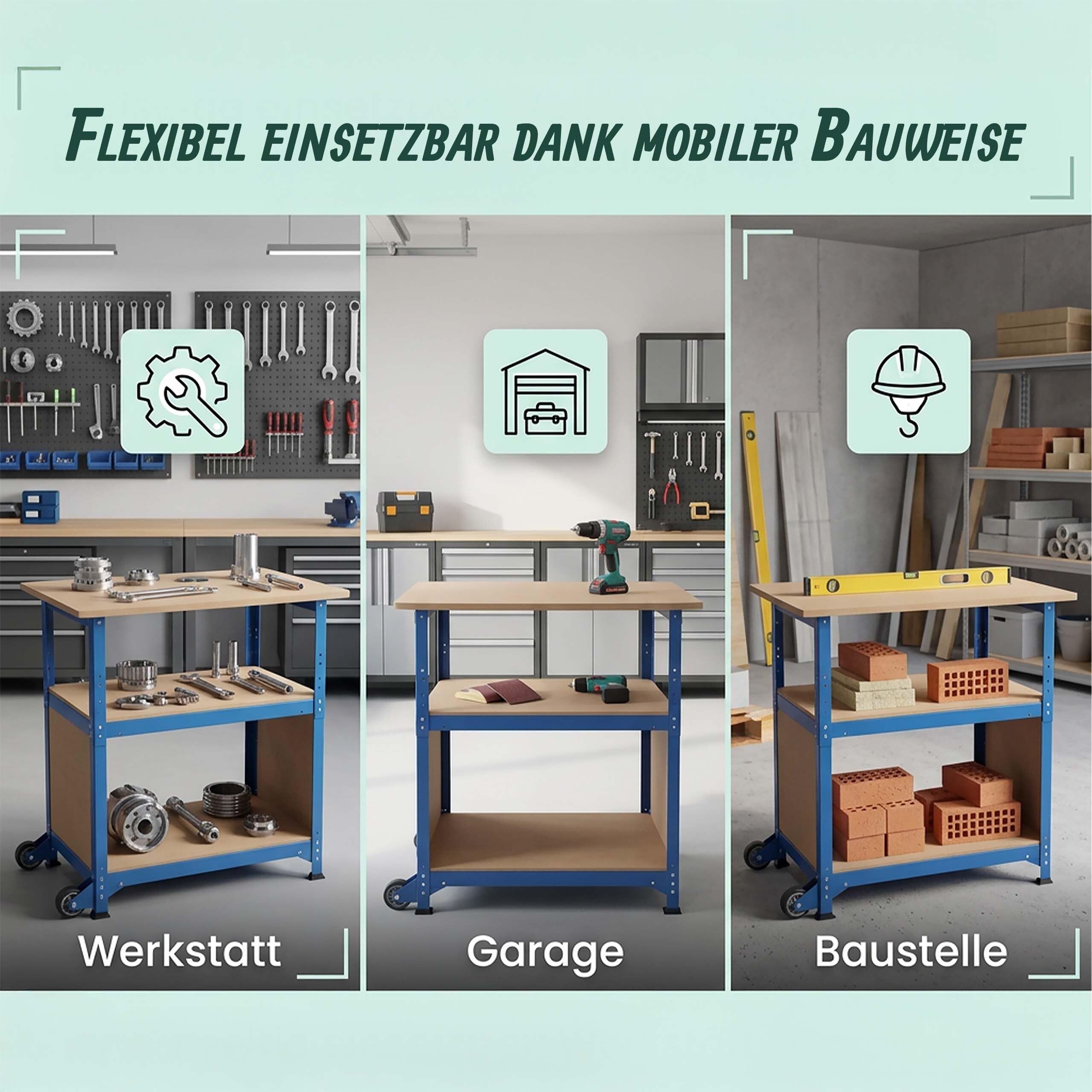 Relaxdays Werkbank, mit Rollen, HBT: 69,5x72,5x50 cm, höhenverstellbar, Werktisch mit Lochwand, Stahl & MDF, blau