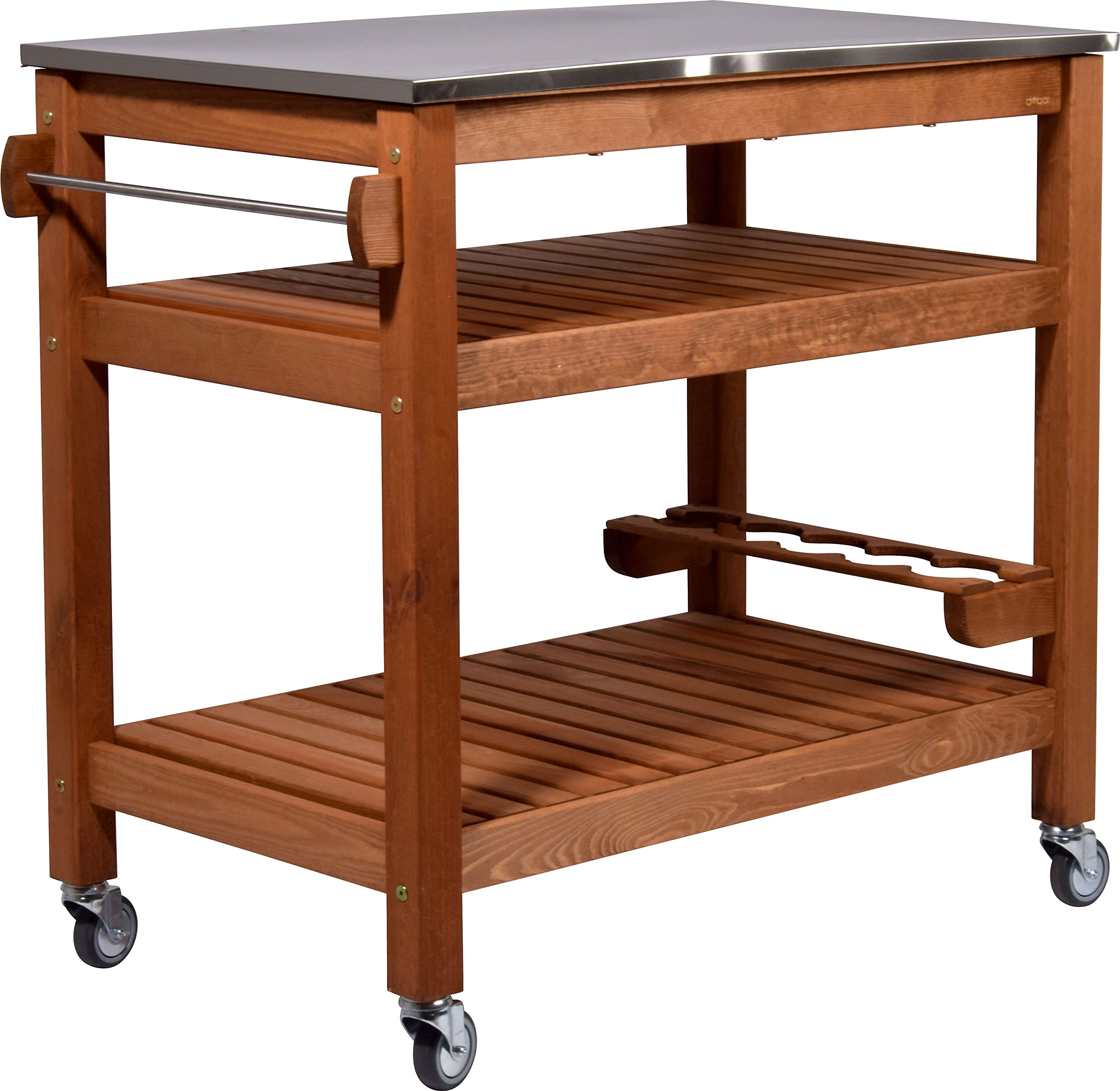 dobar® 35540FSCe Tavolo multifunzione con carrello arrotolabile legno massiccio piastra acciaio inox 94x58x90 cm Marrone