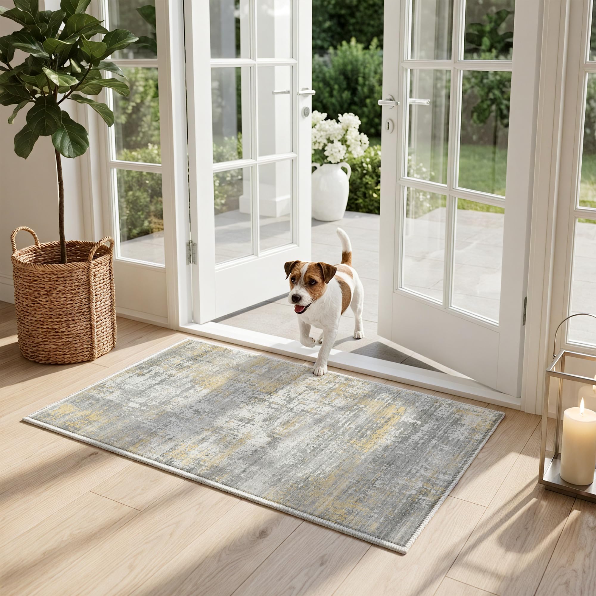 Cliporix Small Grey & Gold Abstract Door Mat 80 x 50 cm, Soft Washable Door Mat for Indoor Entrance, Small Area Rug With Non-Slip Backing, Floor Mat for Bedside, Outdoor, Bathroom