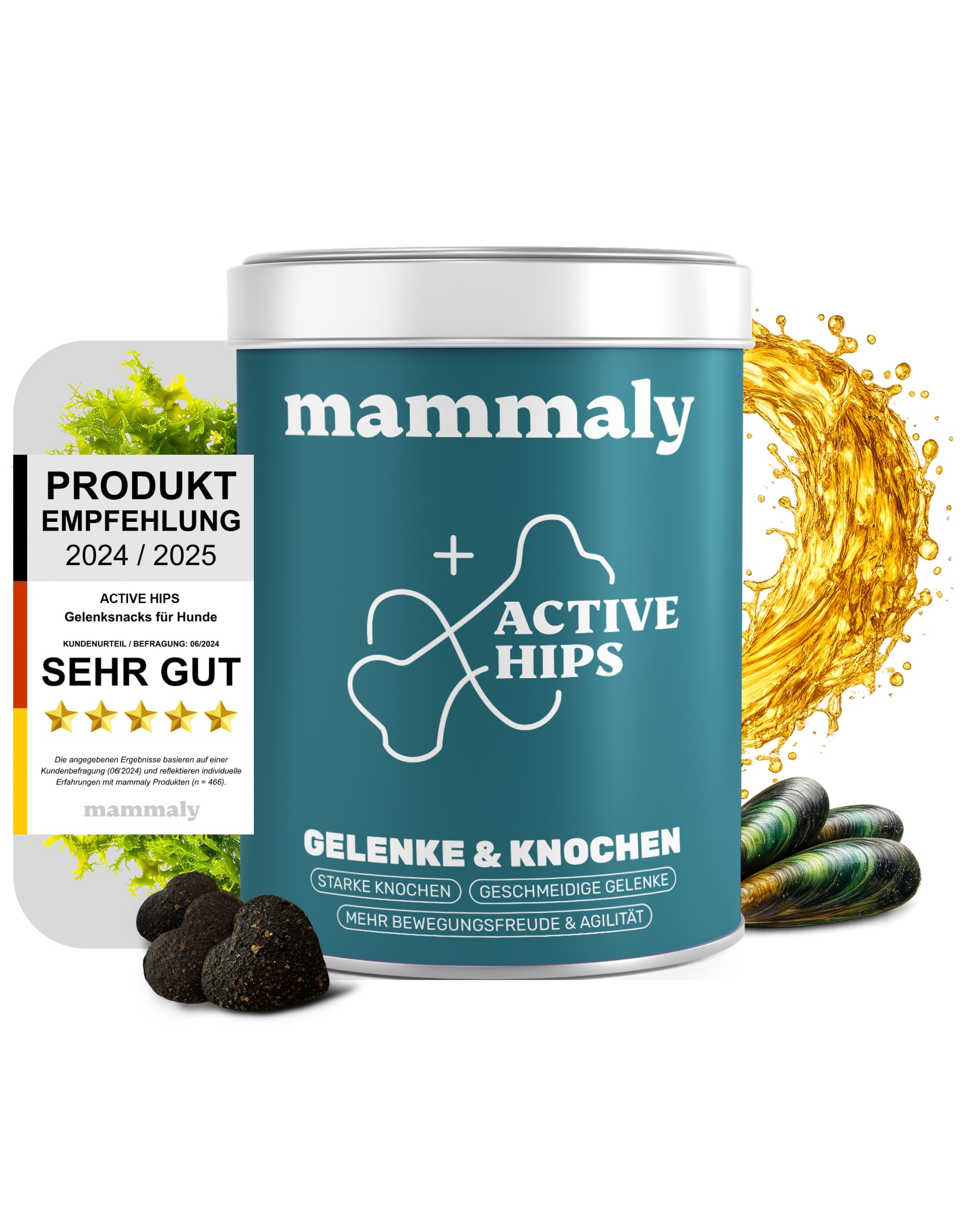 11-in-1 Grünlippmuschel Hund Gelenktabletten - Active Hips 60 Leckerli (175g) von mammaly - Gelenk- & Knochenschutz für Hunde - Praktische Alternative zu Kapseln & Grünlippmuschelpulver für Senior