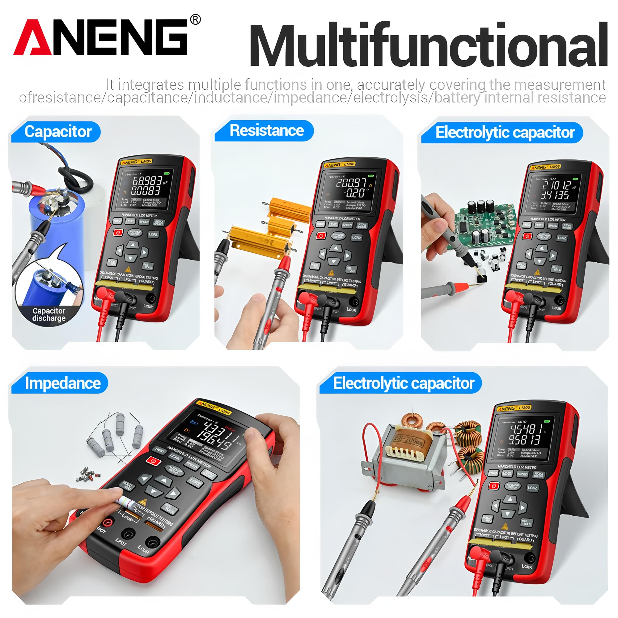 Medidor Puente LCR LM06 Medidor ESR Electrónico Multímetro Capacitor Reparación Taller Prueba Inductancia Resistencia DIY 100Hz 100kHz Herramientas de Medición (LM06+pinza Kelvin)