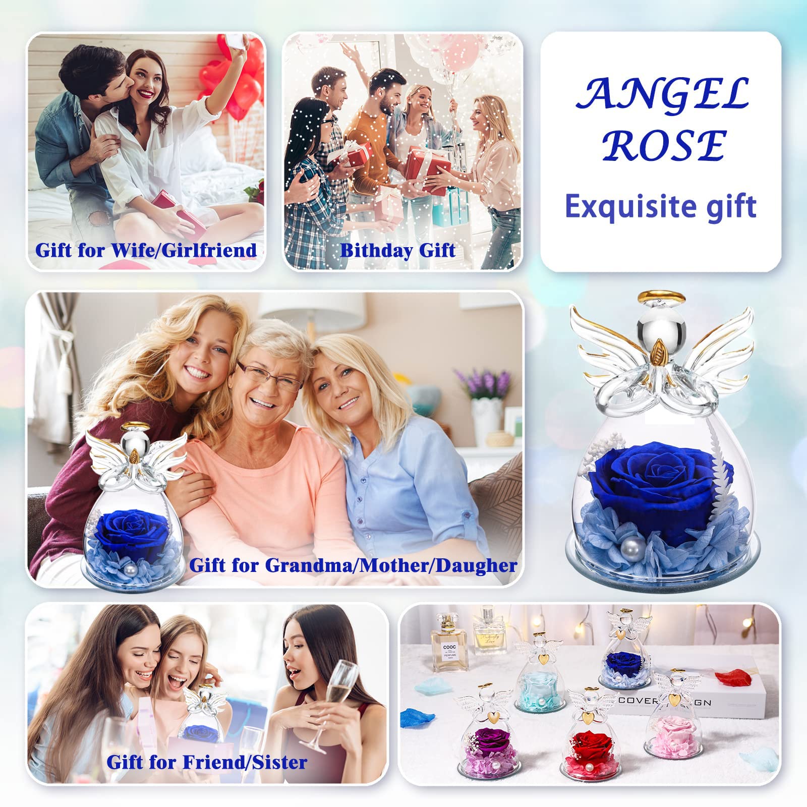Rosa Stabilizzata Vera Regalo Mamma, Statuette Angeli in Vetro con Fiori Eterni