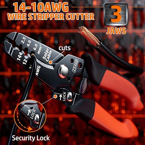 Miniatura 5 de PEBA Kit de herramientas de prensado, crimpadora solar para cable de panel solar AWG 16-10, con 6 pares de conectores solares, pelacables solares y