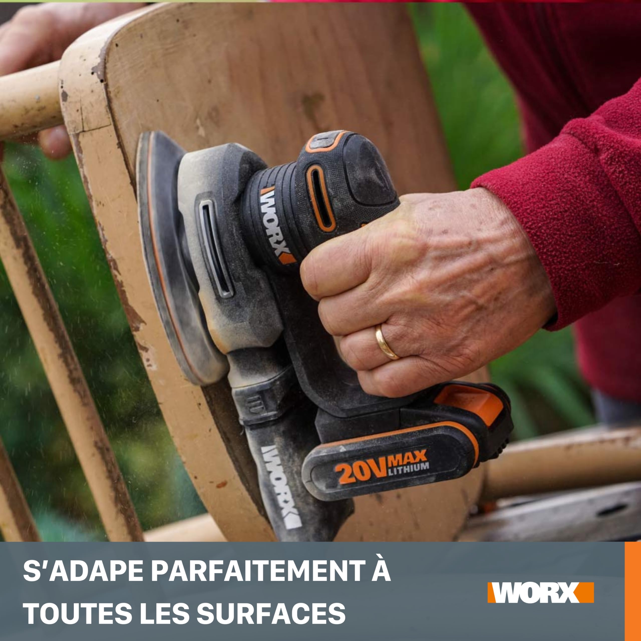 WORX Ponceuse Triangulaire sans Fil 20V WX822, Idéale pour Poncer les Meubles en Bois, Portes, Coins, etc, Système Anti Vibration, Livrée Avec 1 Batterie 2Ah, Chargeur Rapide et Accessoires