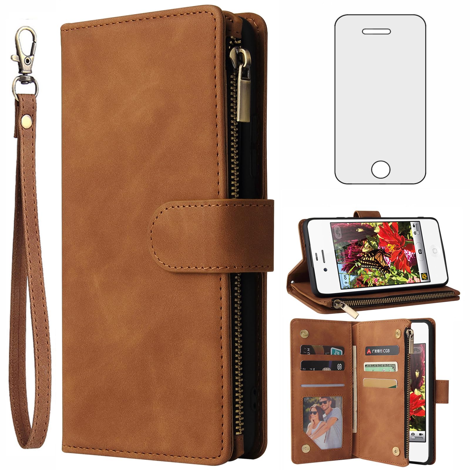 Asuwish Compatible with iPhone 4 4s Wallet Case Tempered Glass Screen Protector and Leather Flip Cover Card Holder Stand Cell Accessories Phone Cases for iPhone4 Four i4 S iPhone4s S4 Women Men Brown