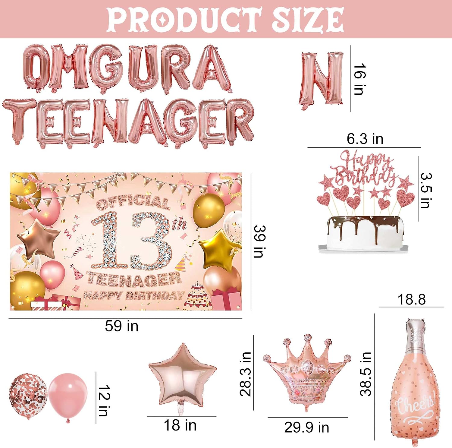 13th Birthday Decorations Girls Balloons - 36 Pcs Rose Gold Official Teenager Banner Decor Omg Ur A Teenager Letter Foil Confetti Balloon Backdrop For 13 Year Old Party Supplies image 3