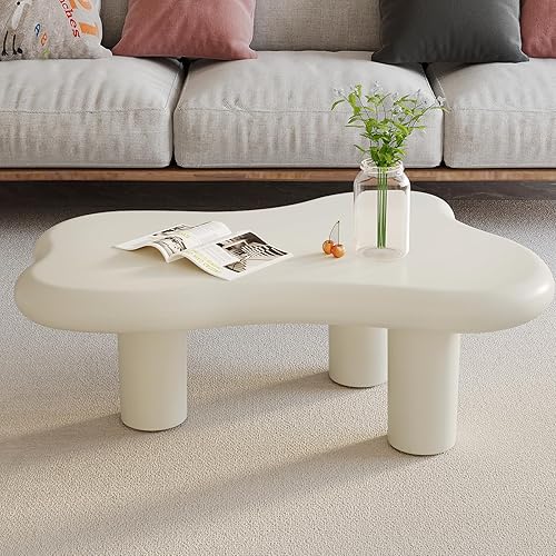 Mesa auxiliar blanca crema, mesa central baja de forma irregular, mesa auxiliar única para sala de estar, estilo nórdico moderno, lindo, mesa
