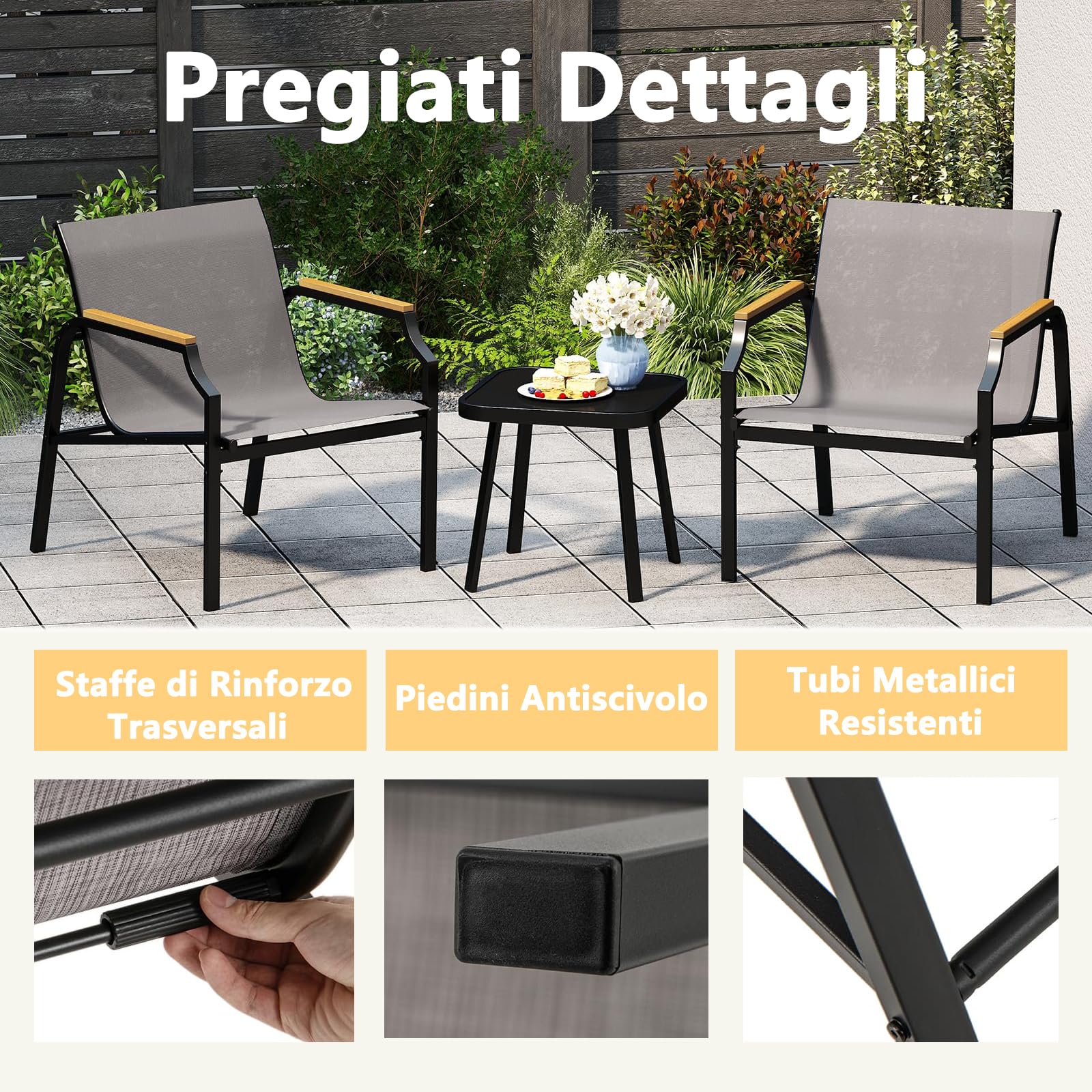 RELAX4LIFE Tavolo da Giardino con Sedie, Tavolino Salotto con Piano in Vetro Temperato e 2 Poltrona Moderne in Tessuto Traspirante, Set Bistrò 3 Pezzi per Terrazza/Patio/Balcone, Portata 150KG+50KG