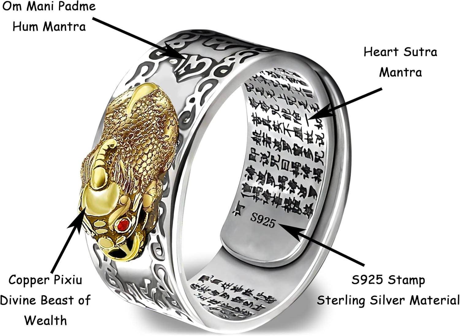 JAJAFOOK Feng Shui Ring 925 Stamp Stering Silver Pixiu Mantra Ring Original Lucky Fengshui Pi Xiu Wealth Protection Adjustable Rings Gifts for Men Women FD73626647 - Image 2