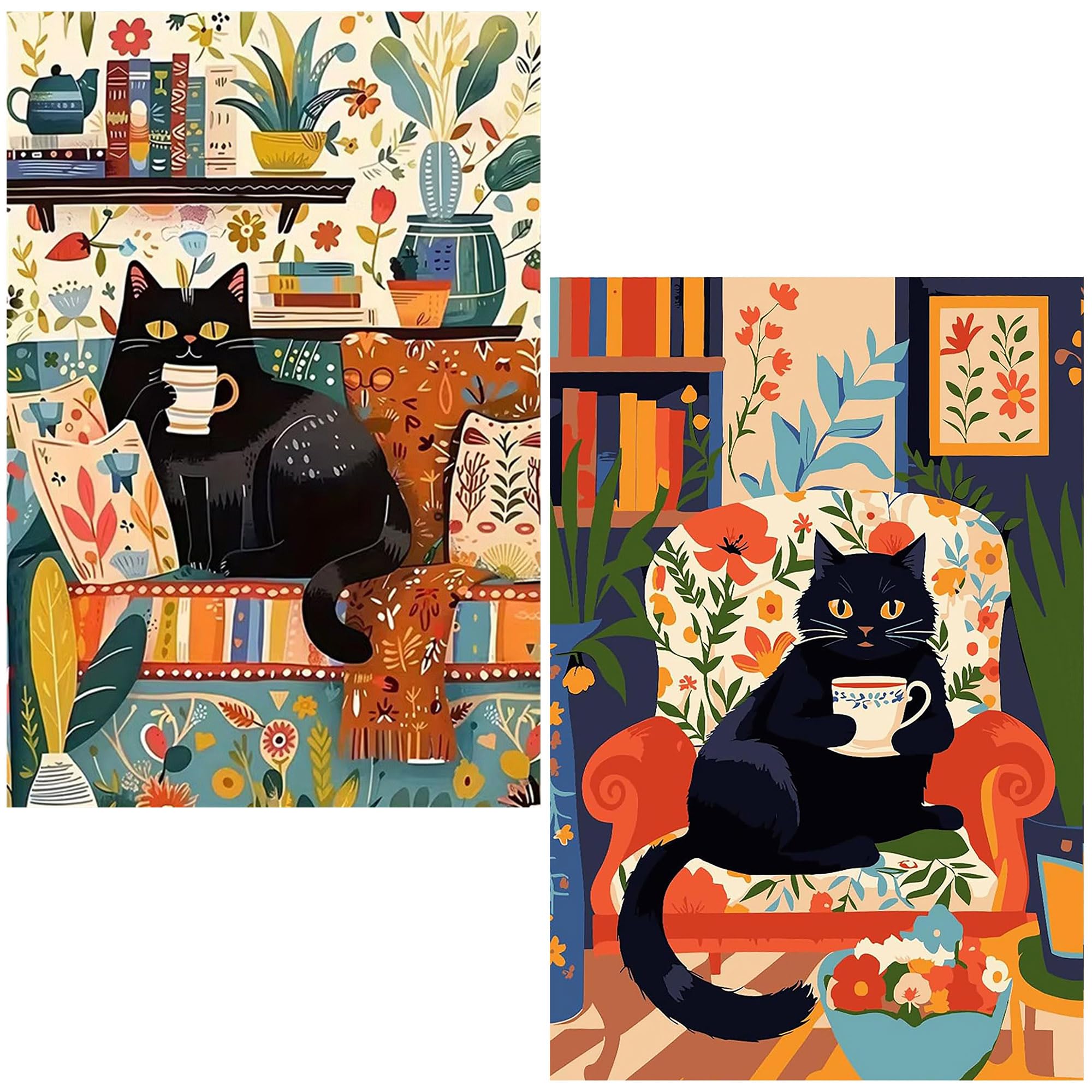 NZNANCHU DIY 2 Pack Paint by Number for Adults,Cat Painting Kits for Adult,Color by Numbers,Paint by Number Canvas Crafts Watercolor for Beginner Room Decor (Black cat)