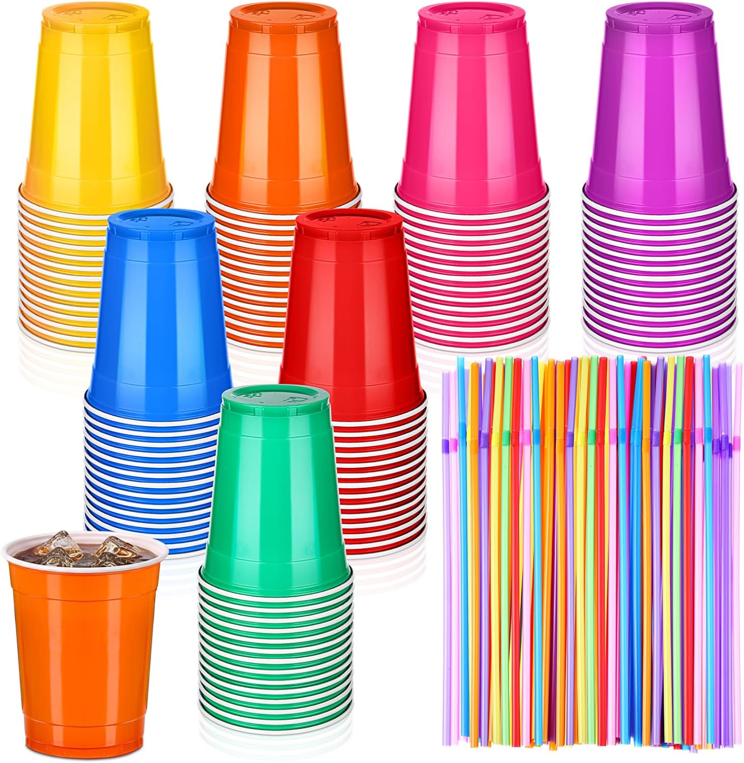 Vesici 100 Pcs Assorted Color Disposable Plastic Cups 12oz with 100 Pcs Flexible Plastic Straws Colorful for Thanksgiving Christmas New Year Birthday Wedding Party